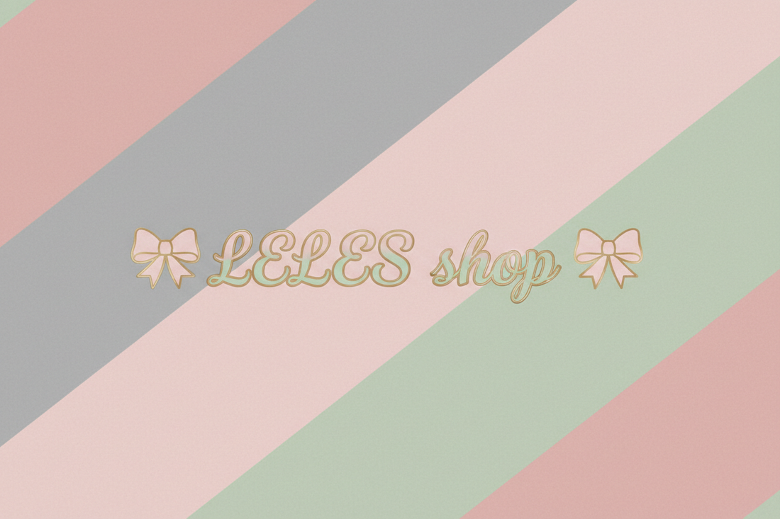Gray pink and matcha pastel colored banner with lettering that says 🎀LELES shop 🎀 with a striped in the back
